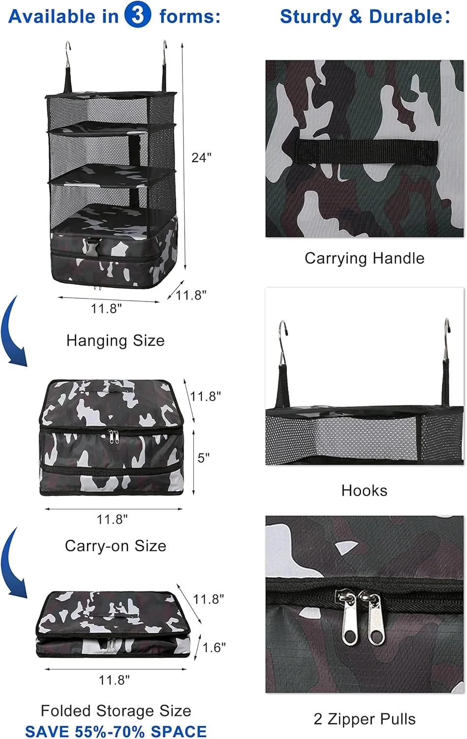 ELEZAY Hanging Packing Cubes Portable Travel Closet Collapsible Compression Clothes Organizer with Built in Shelves for Carry-on Luggage Suitcase Wardrobe Large_11.8 * 11.8 * 24 IN, Camouflage