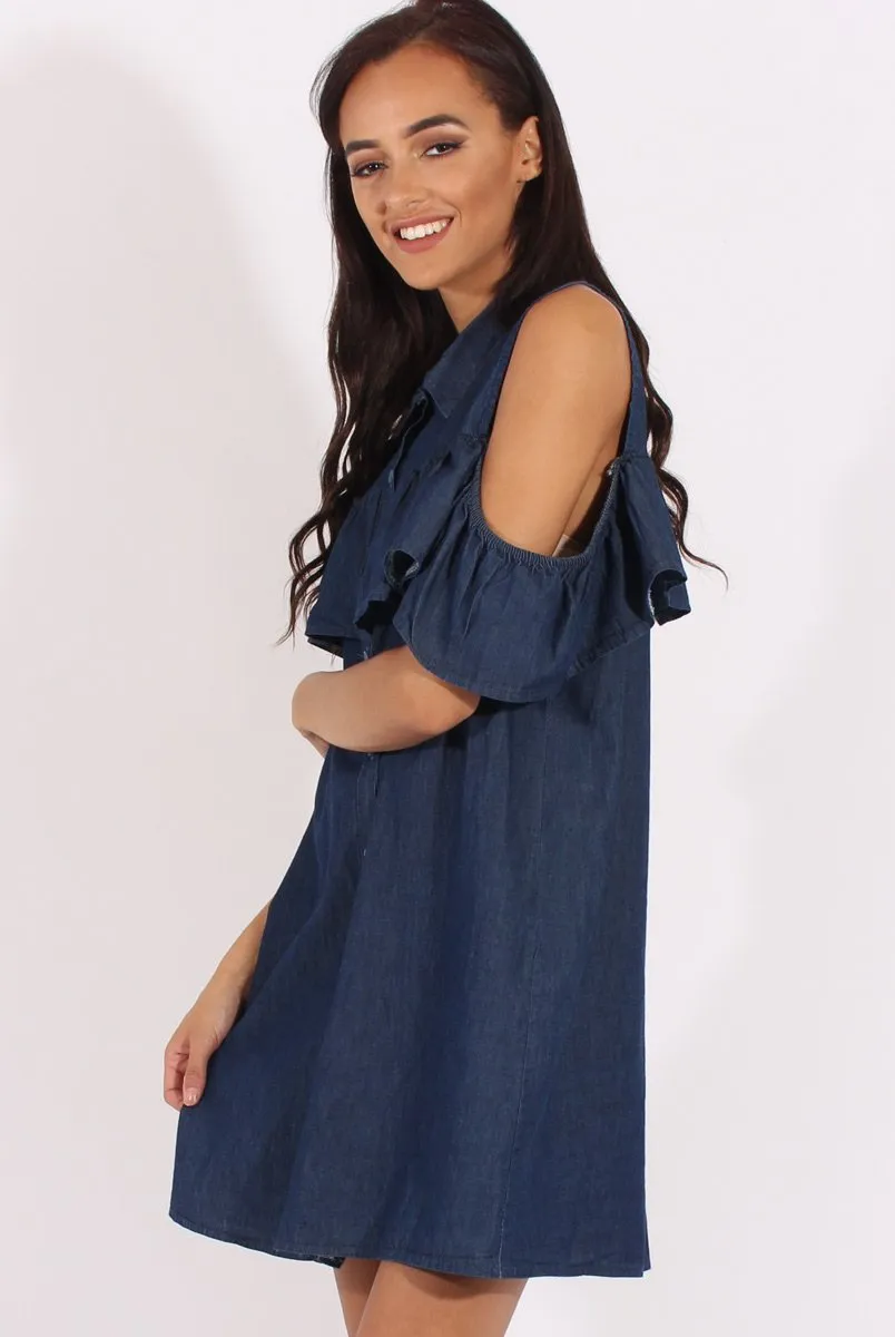 Encrypted - Shoulder Cold Dark Summer event Dress Blue Torrie Denim