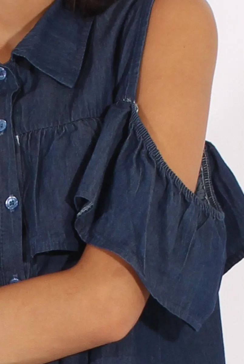 Encrypted - Shoulder Cold Dark Summer event Dress Blue Torrie Denim