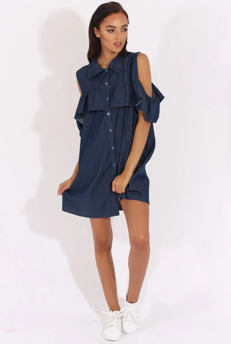 Encrypted - Shoulder Cold Dark Summer event Dress Blue Torrie Denim