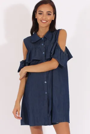Encrypted - Shoulder Cold Dark Summer event Dress Blue Torrie Denim