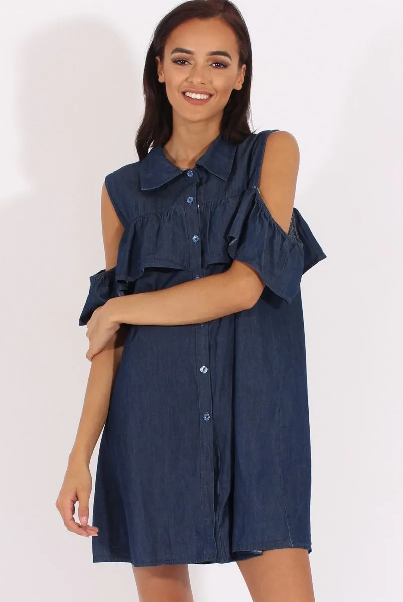 Encrypted - Shoulder Cold Dark Summer event Dress Blue Torrie Denim