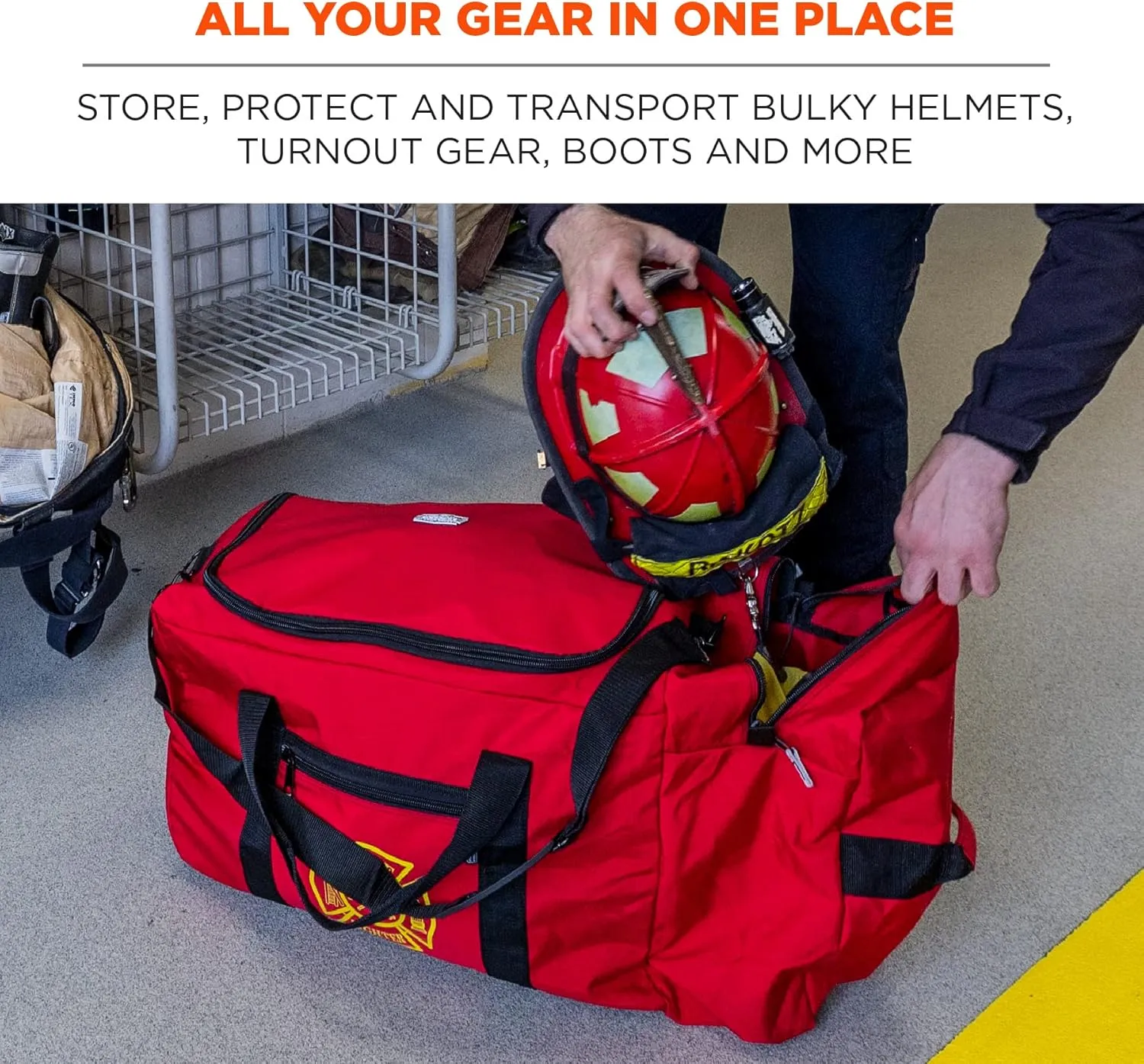 Ergodyne Arsenal 5005W Large Nylon Rolling Firefighter Rescue Turnout Fire Gear Bag with Shoulder Strap and Helmet Pocket