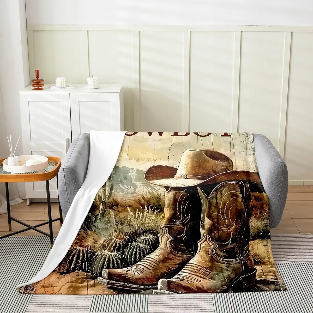 Erosebridal Cowboy Boots Fleece Throw Blanket Twin 60x80 Inch for Kids Boys Western Flannel Blanket American Country Desert Cactus Wild West Retro Rustic Botanical Cabin Living Room Decor Luxury Soft