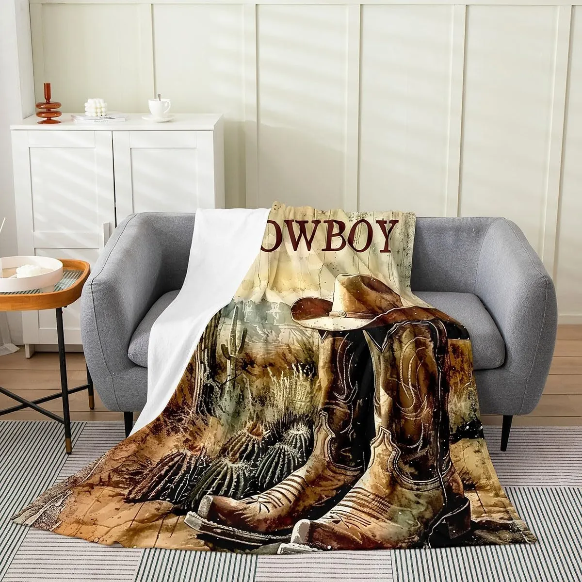Erosebridal Cowboy Boots Fleece Throw Blanket Twin 60x80 Inch for Kids Boys Western Flannel Blanket American Country Desert Cactus Wild West Retro Rustic Botanical Cabin Living Room Decor Luxury Soft