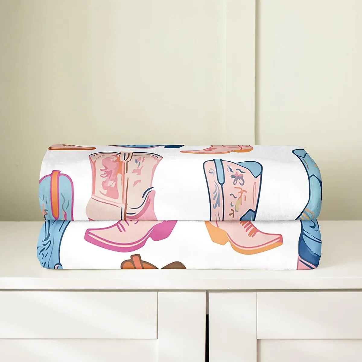 Erosebridal Cowboy Boots,Throw 50x60 Inch Cartoon Blue Western Cowgirl Flannel Blanket Wild West Shoes Fleece Throw Blanket for Boys Girls Kids Luxury Soft