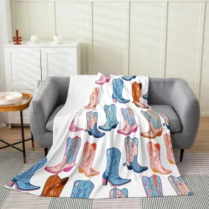 Erosebridal Cowboy Boots,Throw 50x60 Inch Cartoon Blue Western Cowgirl Flannel Blanket Wild West Shoes Fleece Throw Blanket for Boys Girls Kids Luxury Soft