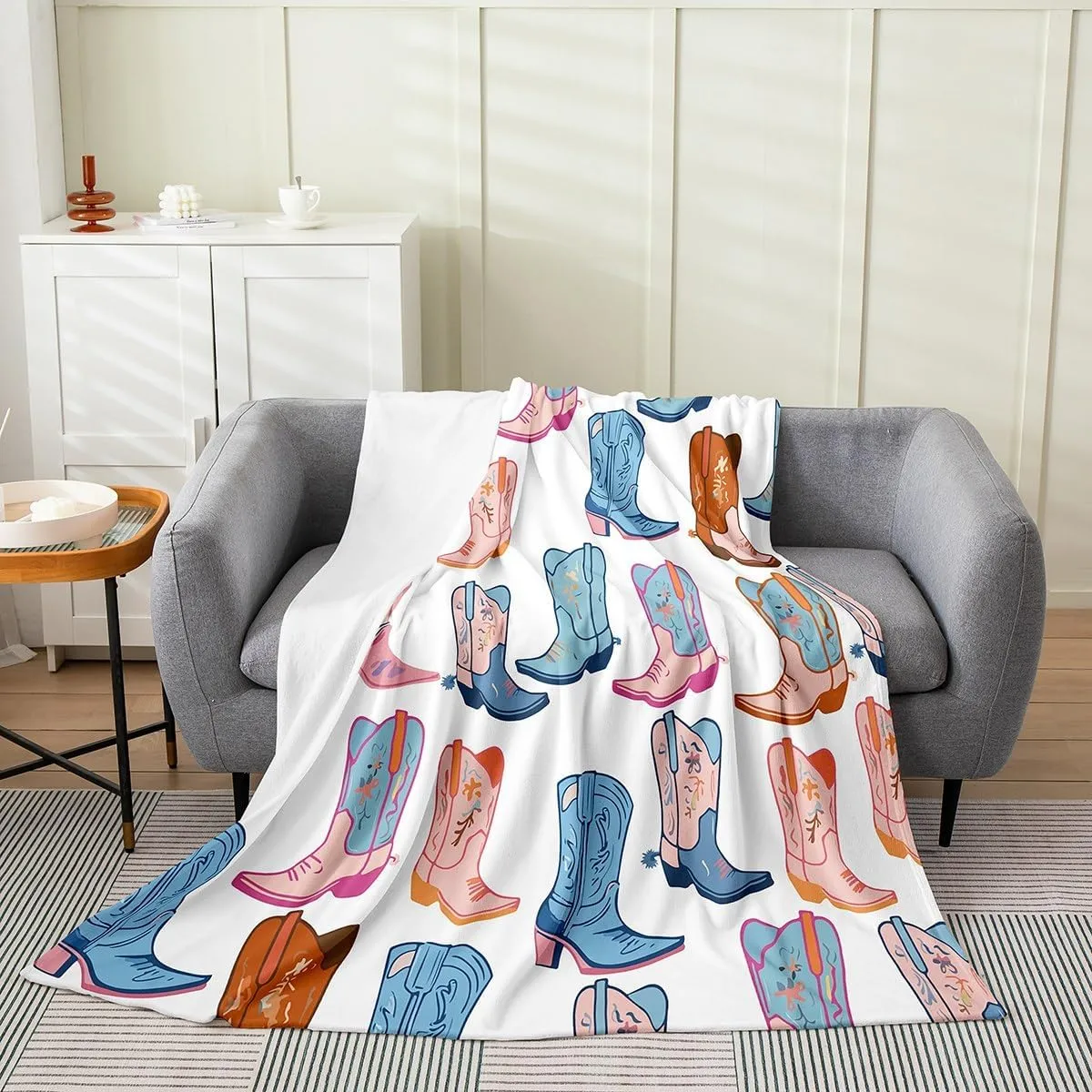 Erosebridal Cowboy Boots,Throw 50x60 Inch Cartoon Blue Western Cowgirl Flannel Blanket Wild West Shoes Fleece Throw Blanket for Boys Girls Kids Luxury Soft