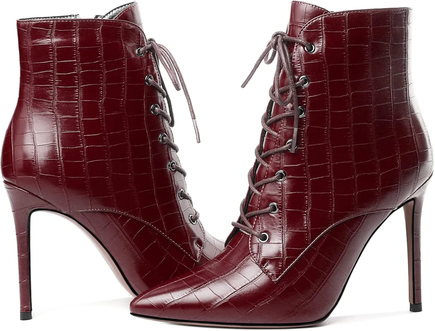 Esvowido Women's Ankle Boots Pointed Toe Stiletto High Heel Boots Side Zipper Booties Lace Up Boots Party Dressy Shoes 4 Inch