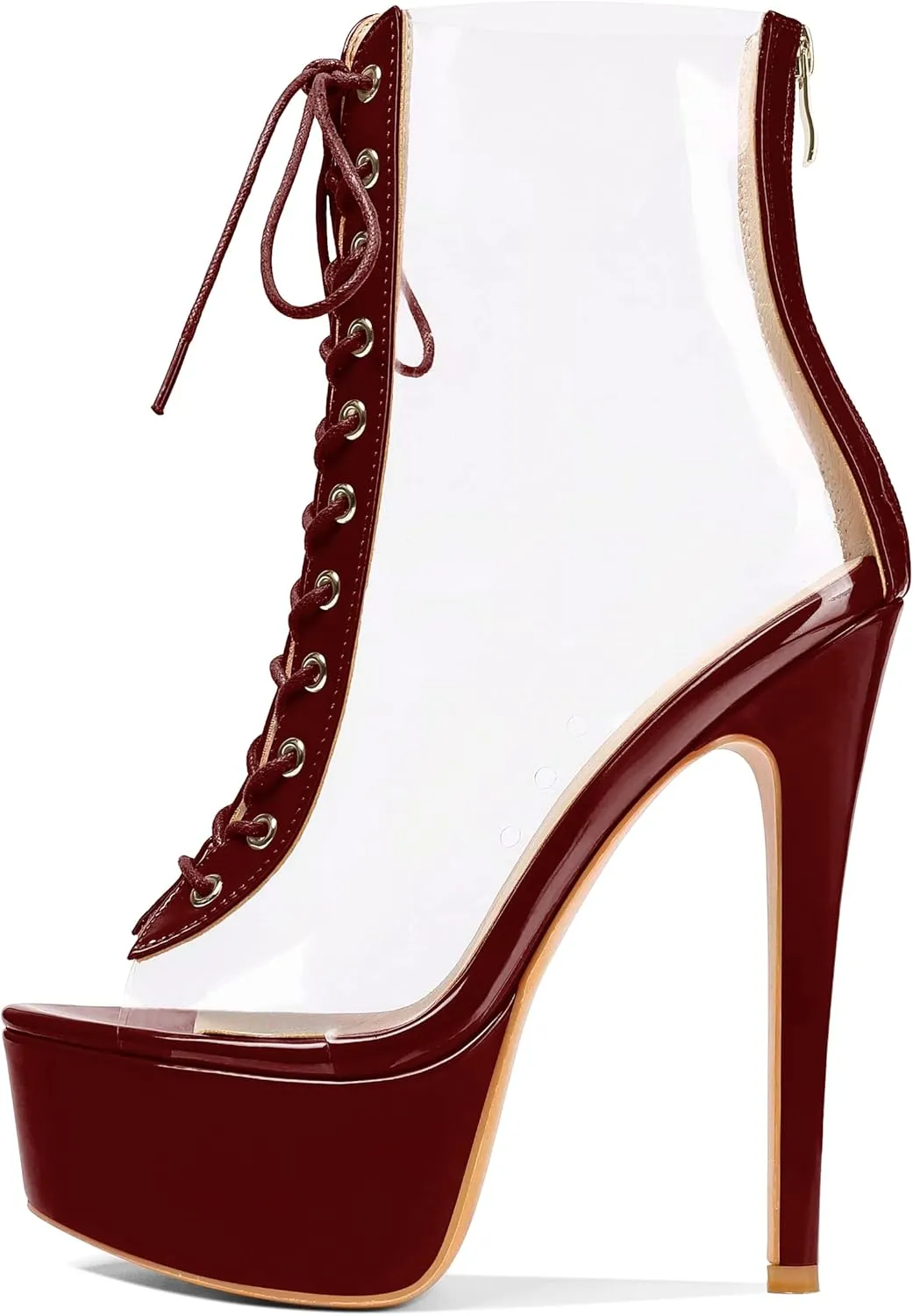 Esvowido Women's Peep Toe Platform Heels Heeled Sandals Stiletto High Heel Clear PVC Sexy Lace Up Ankle Boots