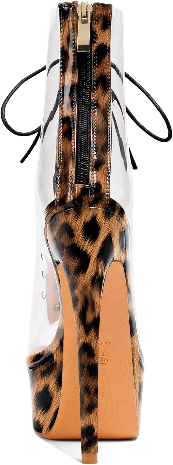 Esvowido Women's Peep Toe Platform Heels Heeled Sandals Stiletto High Heel Clear PVC Sexy Lace Up Ankle Boots