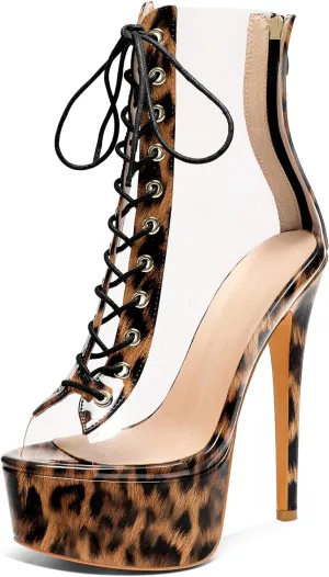 Esvowido Women's Peep Toe Platform Heels Heeled Sandals Stiletto High Heel Clear PVC Sexy Lace Up Ankle Boots