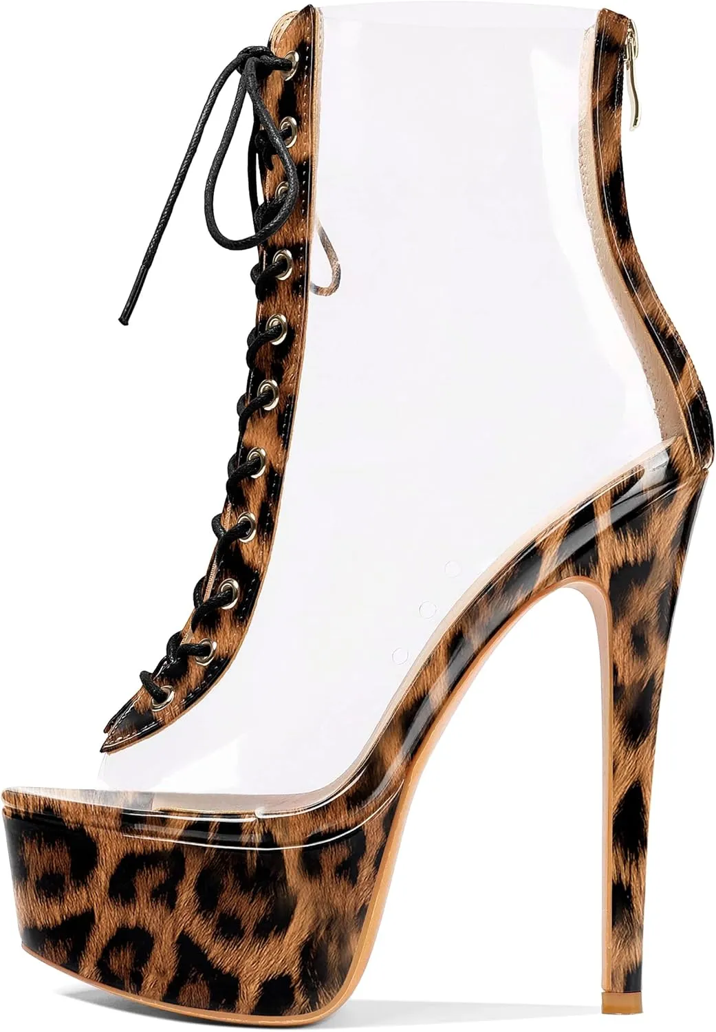 Esvowido Women's Peep Toe Platform Heels Heeled Sandals Stiletto High Heel Clear PVC Sexy Lace Up Ankle Boots