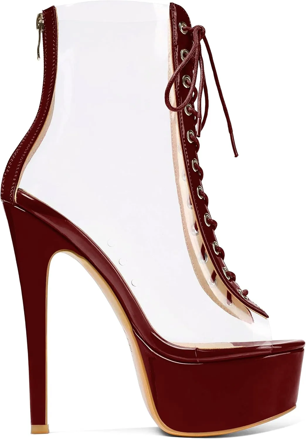 Esvowido Women's Peep Toe Platform Heels Heeled Sandals Stiletto High Heel Clear PVC Sexy Lace Up Ankle Boots