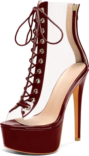 Esvowido Women's Peep Toe Platform Heels Heeled Sandals Stiletto High Heel Clear PVC Sexy Lace Up Ankle Boots