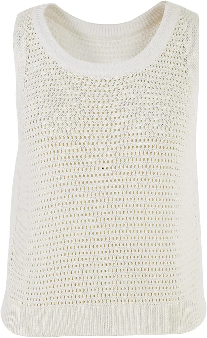 FISACE Womens Summer Knit Sweater Tank Tops Round Neck Crochet Hollow Out Sleeveless Casual Crop Shirt