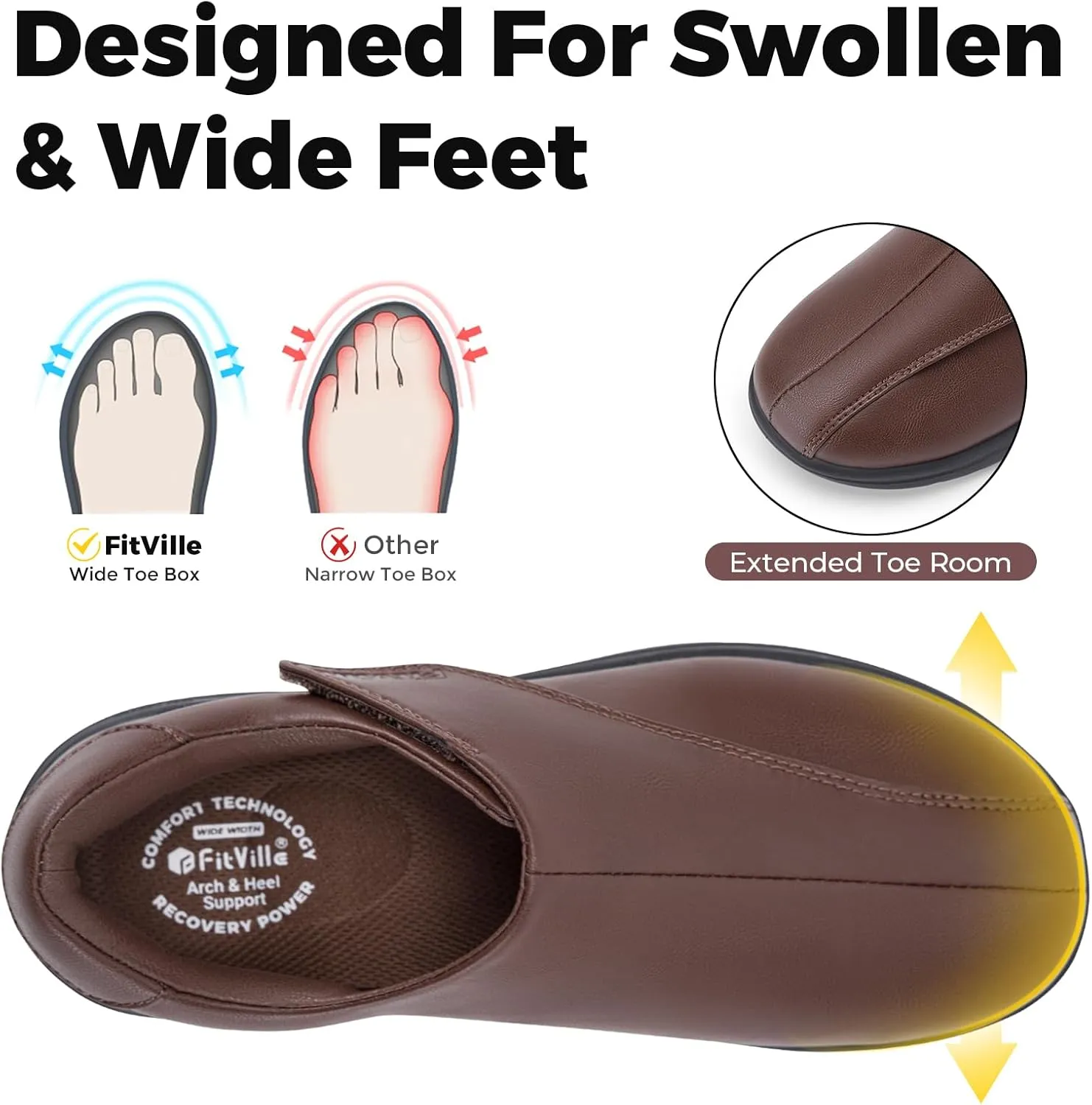 FitVille Diabetic Shoes for Women Slip On Classic Oxford Shoes Adjustable Strap Business Formal Dress Shoes PU Leather Loafers Edema Shoes Plantar Fasciitis Sneakers - EasyTop Dress Shoes V1