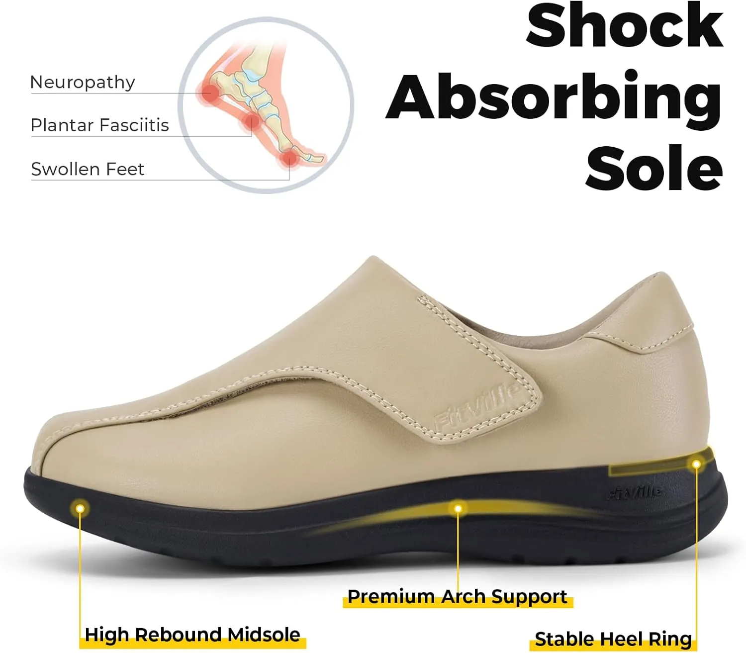 FitVille Diabetic Shoes for Women Slip On Classic Oxford Shoes Adjustable Strap Business Formal Dress Shoes PU Leather Loafers Edema Shoes Plantar Fasciitis Sneakers - EasyTop Dress Shoes V1