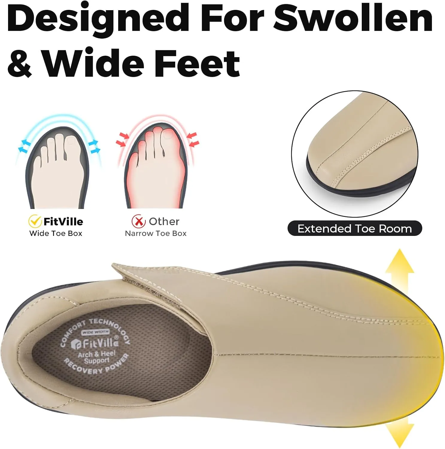 FitVille Diabetic Shoes for Women Slip On Classic Oxford Shoes Adjustable Strap Business Formal Dress Shoes PU Leather Loafers Edema Shoes Plantar Fasciitis Sneakers - EasyTop Dress Shoes V1