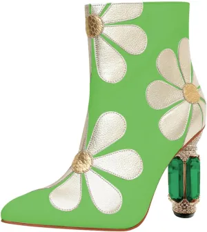 FSJ Women Cute Ankle Boots Pointed Toe Crystal High Heel Side Zipper Chunky Block Booties with Daisy Flower Wedding Ballroom Dress Shoes Size 4-16 US