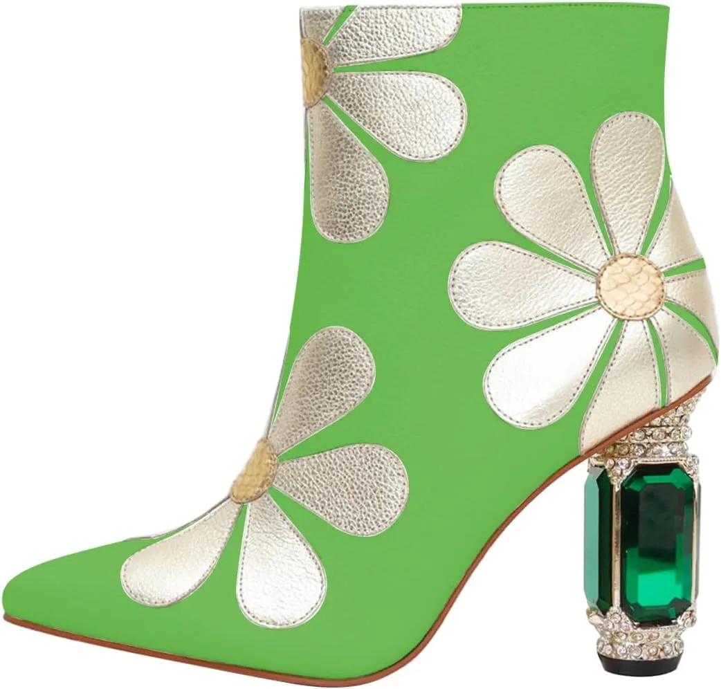 FSJ Women Cute Ankle Boots Pointed Toe Crystal High Heel Side Zipper Chunky Block Booties with Daisy Flower Wedding Ballroom Dress Shoes Size 4-16 US