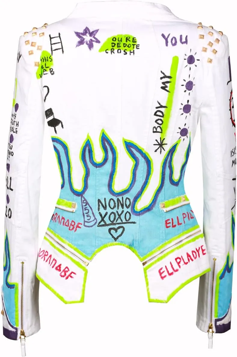 FUYUAN Women's fashion studs perfectly shaped artificial leather jacket graffiti punk motorcycle jacket