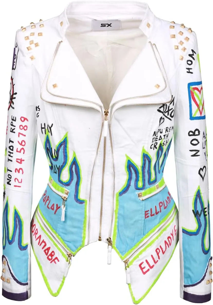 FUYUAN Women's fashion studs perfectly shaped artificial leather jacket graffiti punk motorcycle jacket
