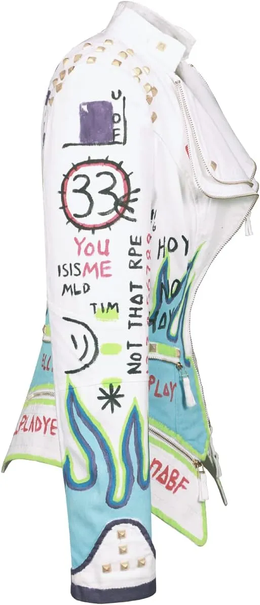 FUYUAN Women's fashion studs perfectly shaped artificial leather jacket graffiti punk motorcycle jacket