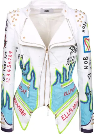 FUYUAN Women's fashion studs perfectly shaped artificial leather jacket graffiti punk motorcycle jacket