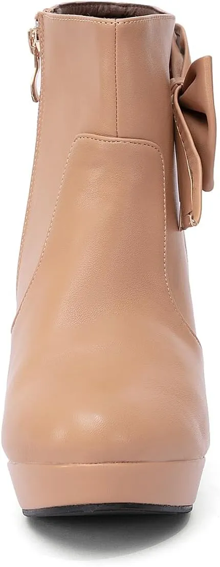 GATUXUS Women's Chunky High Heels Bow Decor Ankle Boots Round Toe Side Zipper Platform Short Booties Dress Shoes