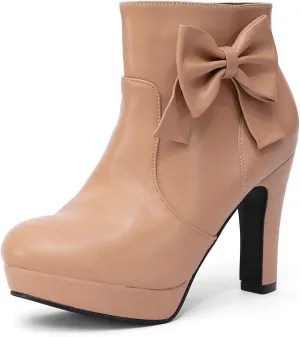 GATUXUS Women's Chunky High Heels Bow Decor Ankle Boots Round Toe Side Zipper Platform Short Booties Dress Shoes