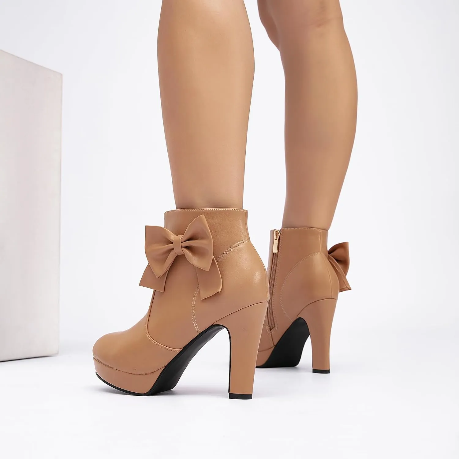 GATUXUS Women's Chunky High Heels Bow Decor Ankle Boots Round Toe Side Zipper Platform Short Booties Dress Shoes