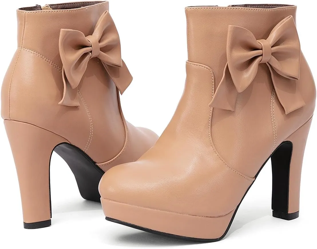 GATUXUS Women's Chunky High Heels Bow Decor Ankle Boots Round Toe Side Zipper Platform Short Booties Dress Shoes