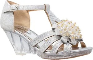 Generation Y Girl's Platform Wedge Dress Sandals T-Strap Rhinestone Beaded Painted Clear Heels