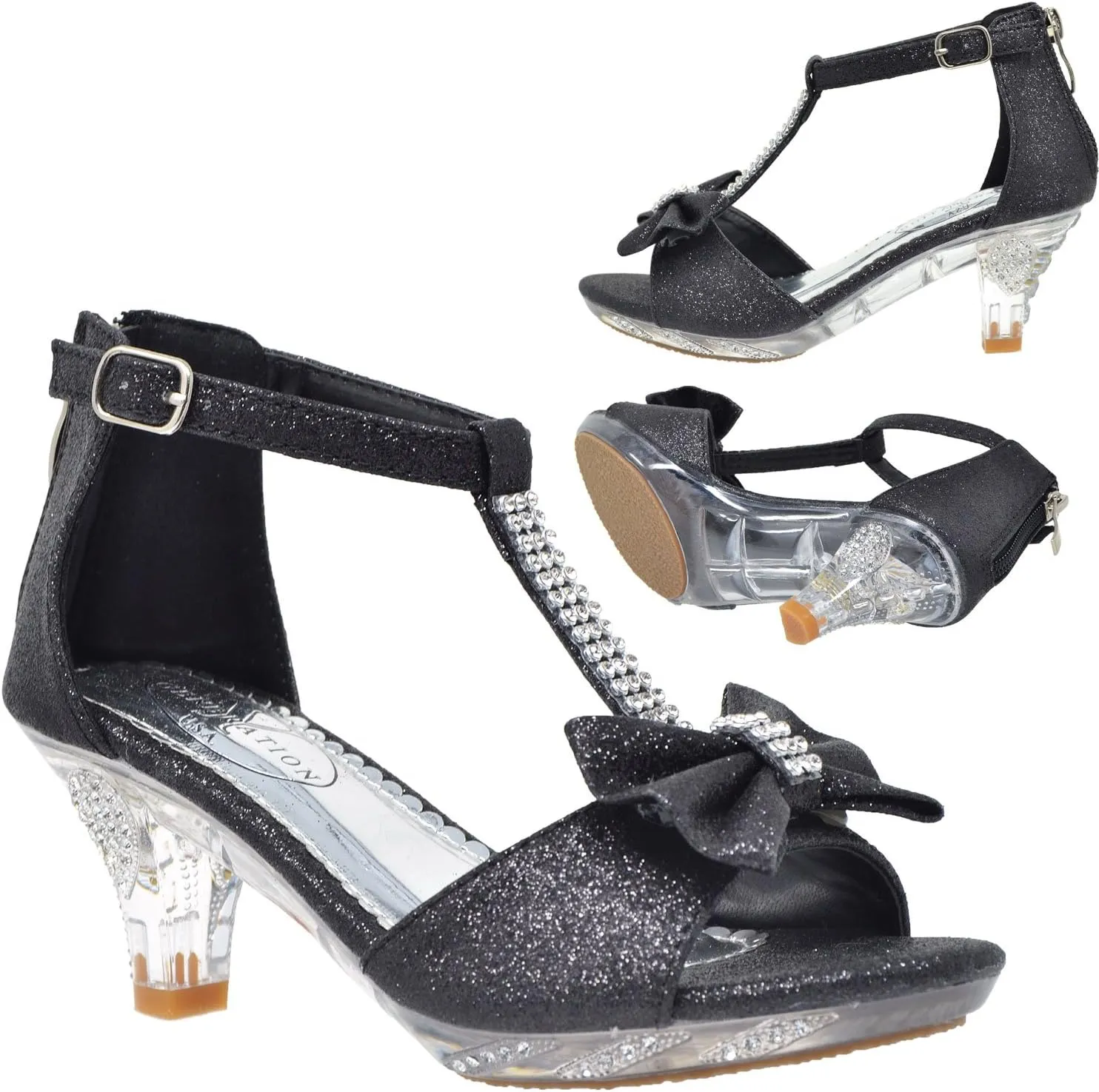 Generation Y Kids Dress Sandals T-Strap Rhinestone Glitter Clear High Heel Girls Shoes