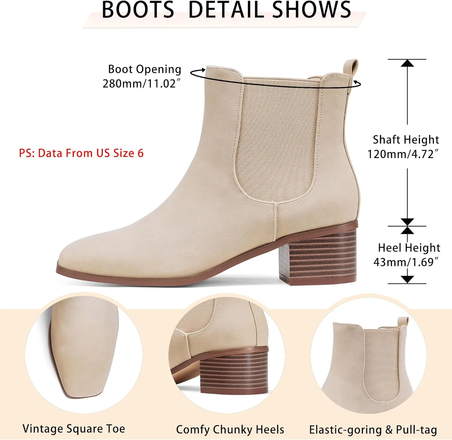 GENSHUO Chelsea Boots Women Ankle Booties Low Heel Chunky Square Toe Winter Fall Dress Chelsea Slip On Fashion Comfortable Work Casual Boots Shoes