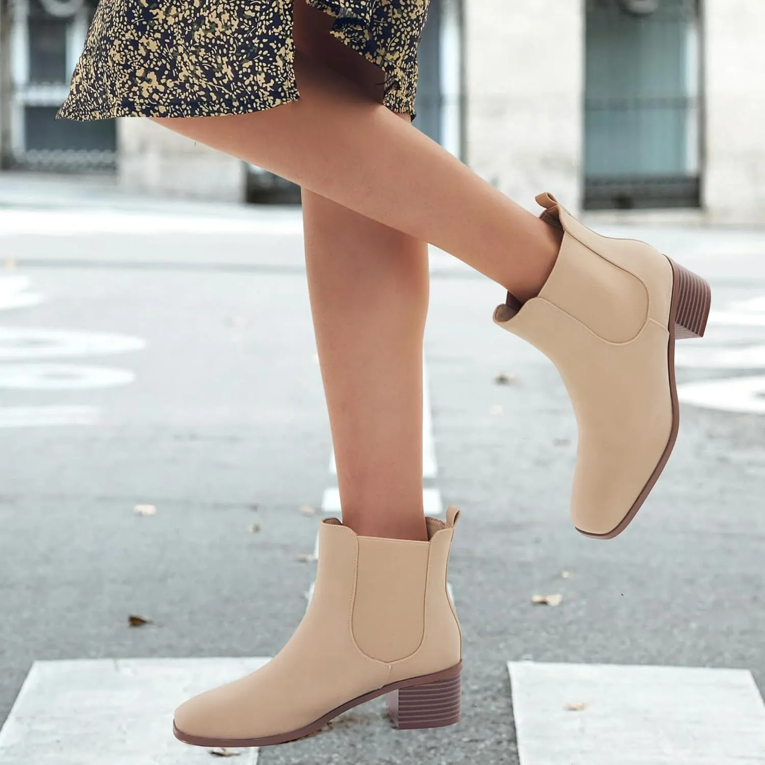 GENSHUO Chelsea Boots Women Ankle Booties Low Heel Chunky Square Toe Winter Fall Dress Chelsea Slip On Fashion Comfortable Work Casual Boots Shoes