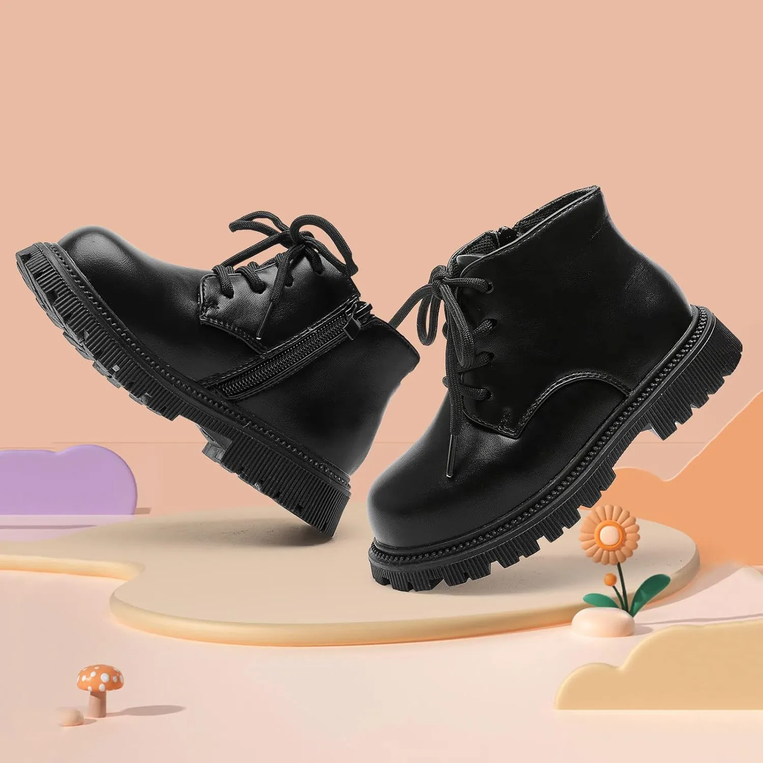 Girls Ankle Boots Fashion Side Zipper Boots Lace Up Waterproof Combat Shoes for Toddler/Little Kid