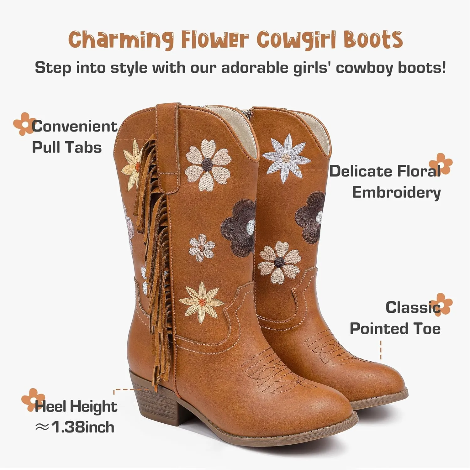 Girls Cowboy Boots Toddler Cowgirl Floral Embroidered Fringe Little Kids Western Boots Girl Riding Boot Birthday Party