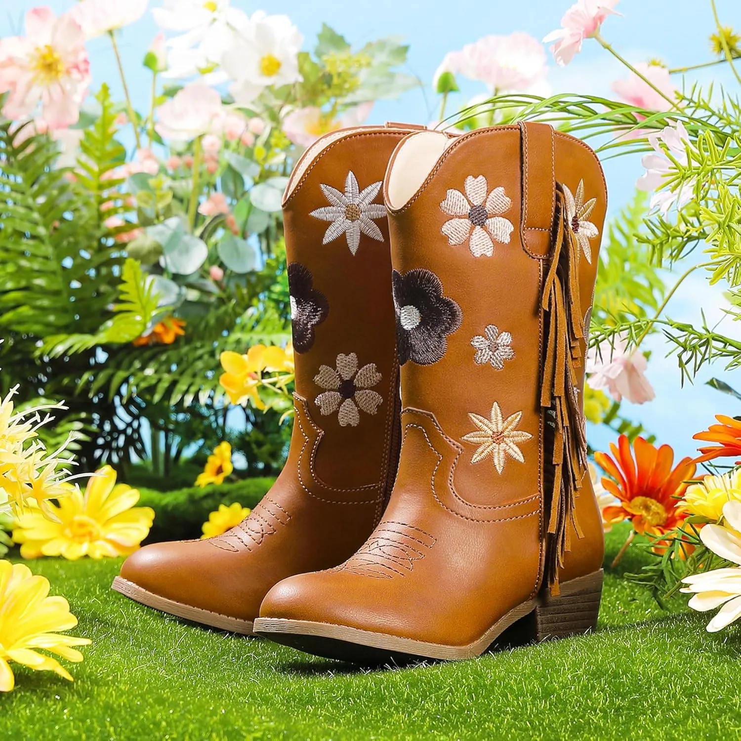 Girls Cowboy Boots Toddler Cowgirl Floral Embroidered Fringe Little Kids Western Boots Girl Riding Boot Birthday Party