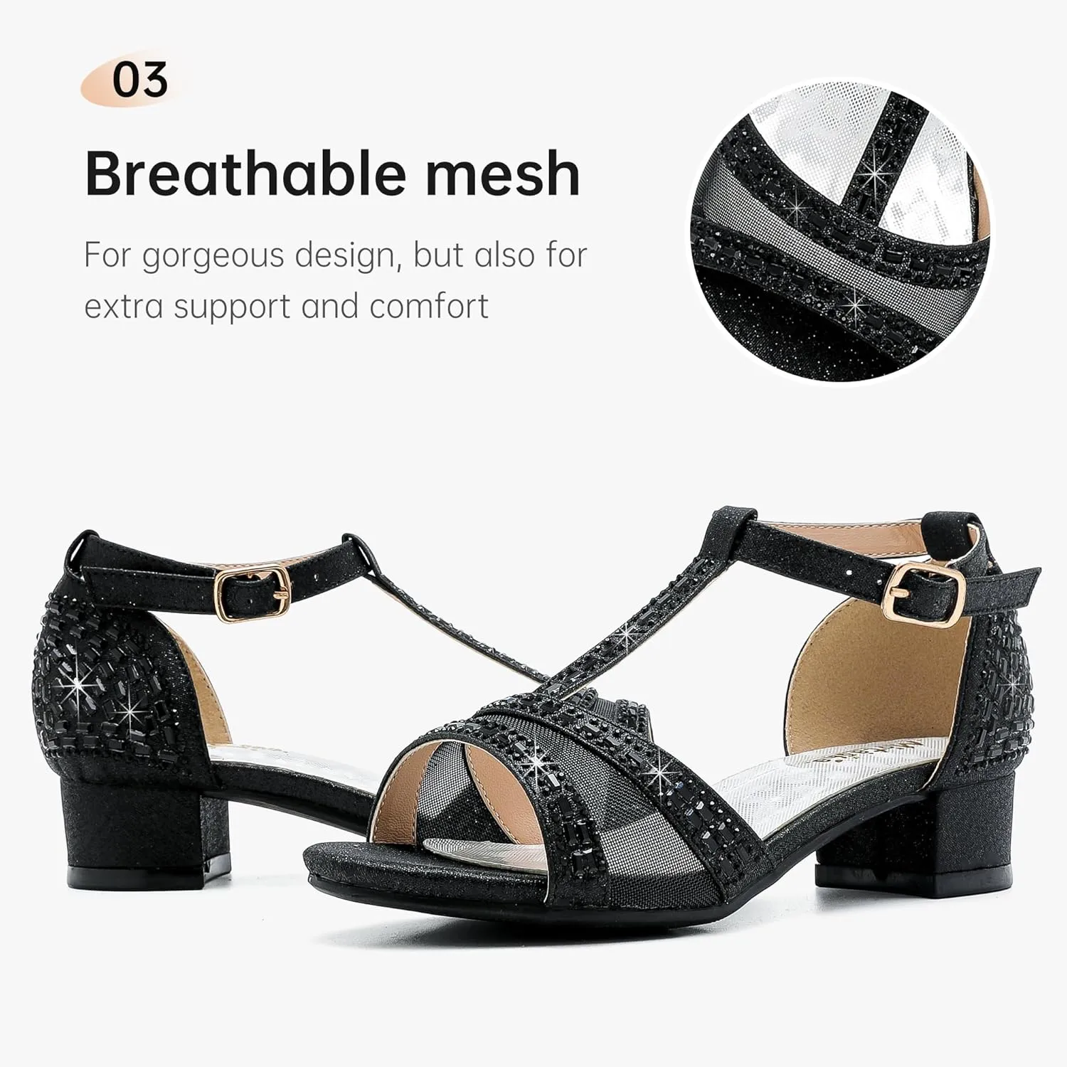 Girls Sandals Low Heel Dress Pump Open Toe T Strap Rhinestone Sandals Wedding Party Prom Shoes Little Big Kids