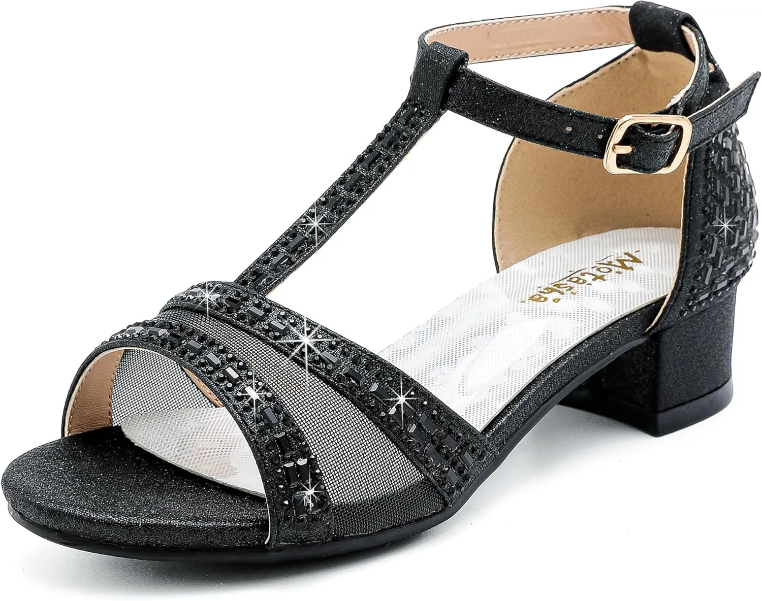 Girls Sandals Low Heel Dress Pump Open Toe T Strap Rhinestone Sandals Wedding Party Prom Shoes Little Big Kids
