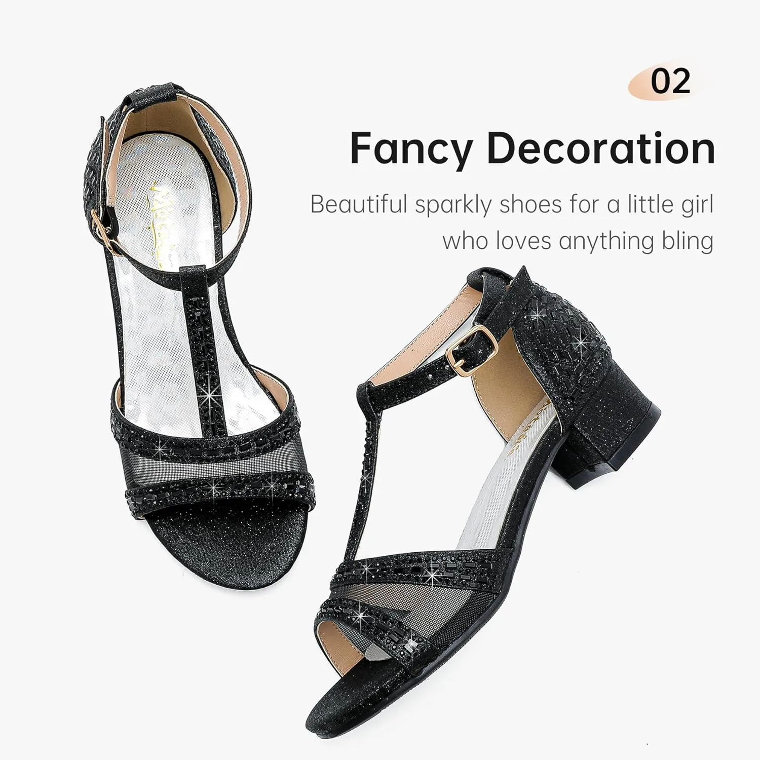 Girls Sandals Low Heel Dress Pump Open Toe T Strap Rhinestone Sandals Wedding Party Prom Shoes Little Big Kids