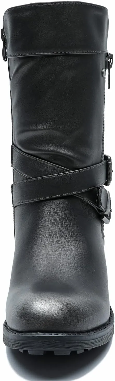 GLOBALWIN Women's Fall Fashion Biker Boots Mid Calf Boots For Women Low Heel