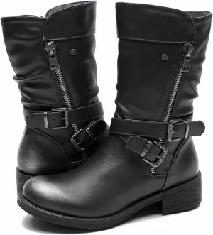 GLOBALWIN Women's Fall Fashion Biker Boots Mid Calf Boots For Women Low Heel