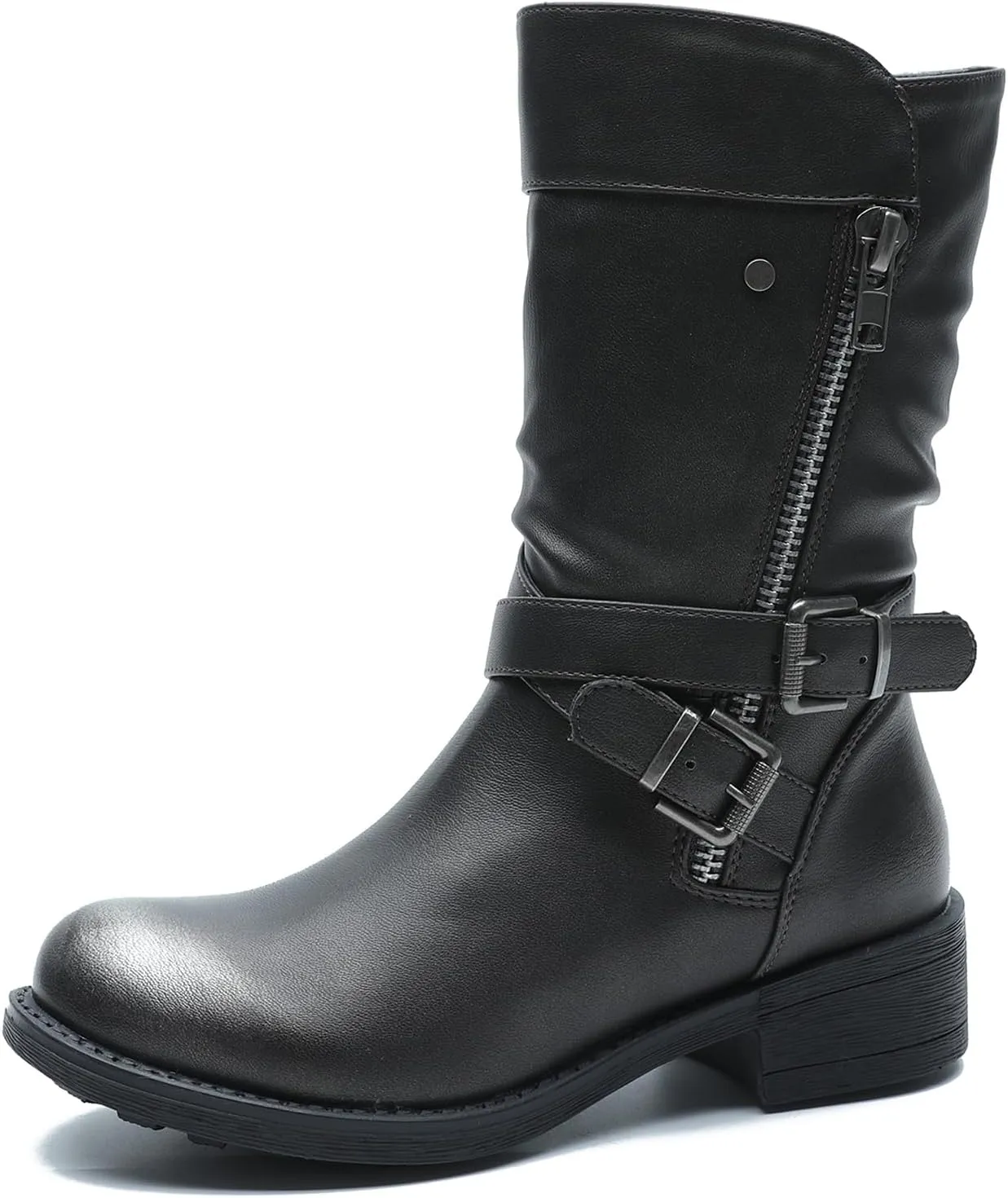 GLOBALWIN Women's Fall Fashion Biker Boots Mid Calf Boots For Women Low Heel