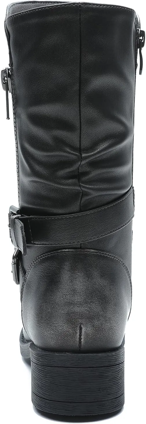 GLOBALWIN Women's Fall Fashion Biker Boots Mid Calf Boots For Women Low Heel