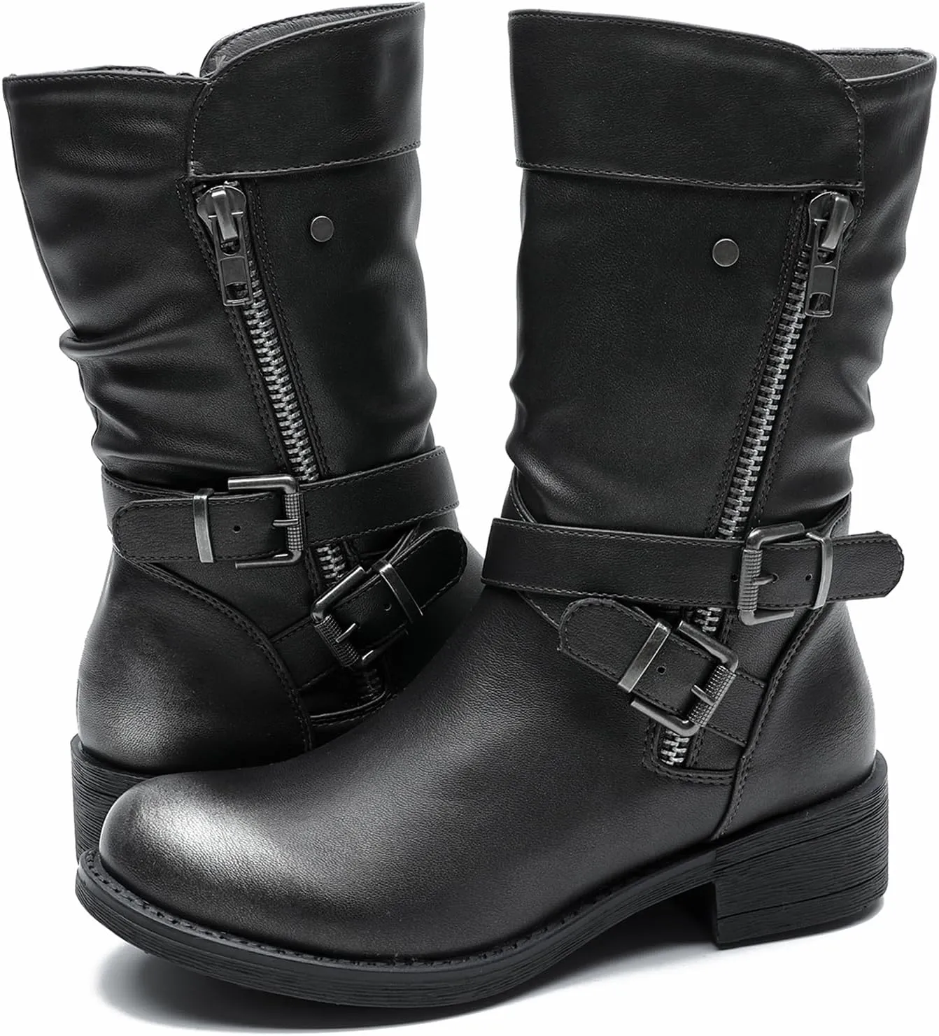 GLOBALWIN Women's Fall Fashion Biker Boots Mid Calf Boots For Women Low Heel