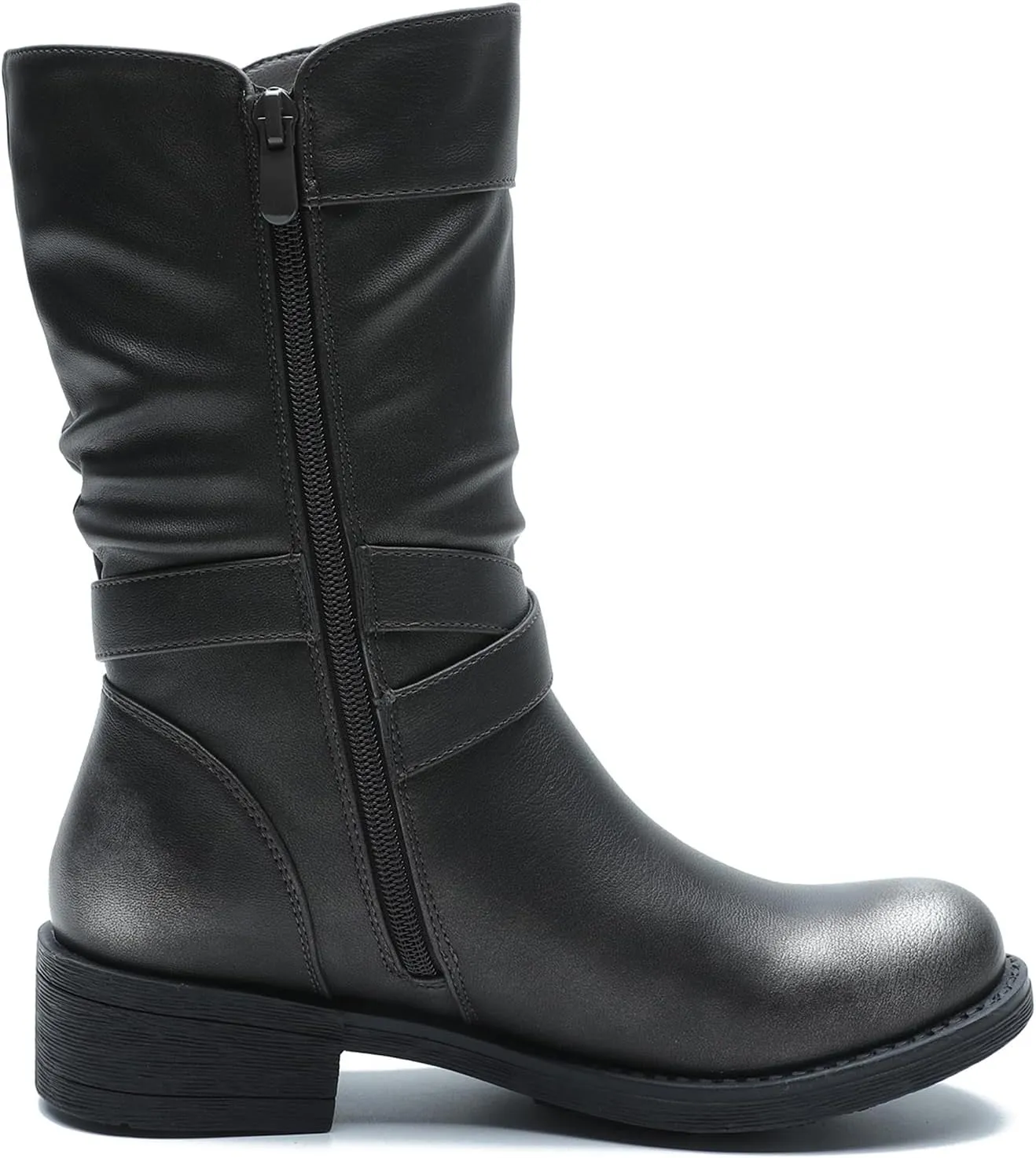 GLOBALWIN Women's Fall Fashion Biker Boots Mid Calf Boots For Women Low Heel