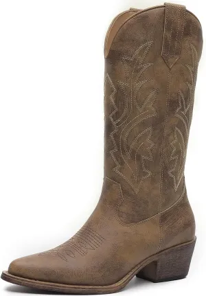 GLOBALWIN Women's Mid Calf Western Cowboy Boots Cowgirl Boots for Women with Floral Embroidery Side Zipper Chunky Heel